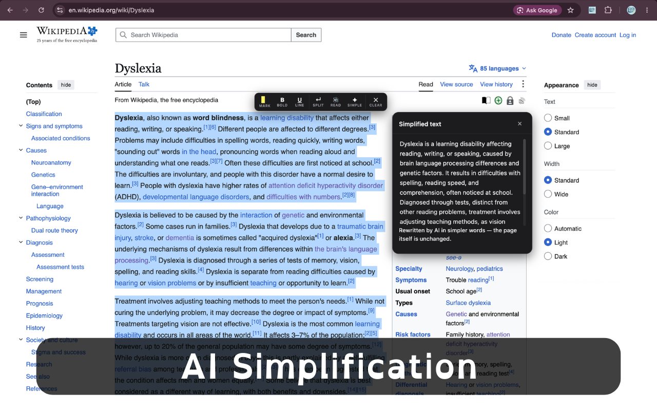 AI Simplification: ClearRead showing a plain-language rewrite of a dense Wikipedia paragraph in a side panel