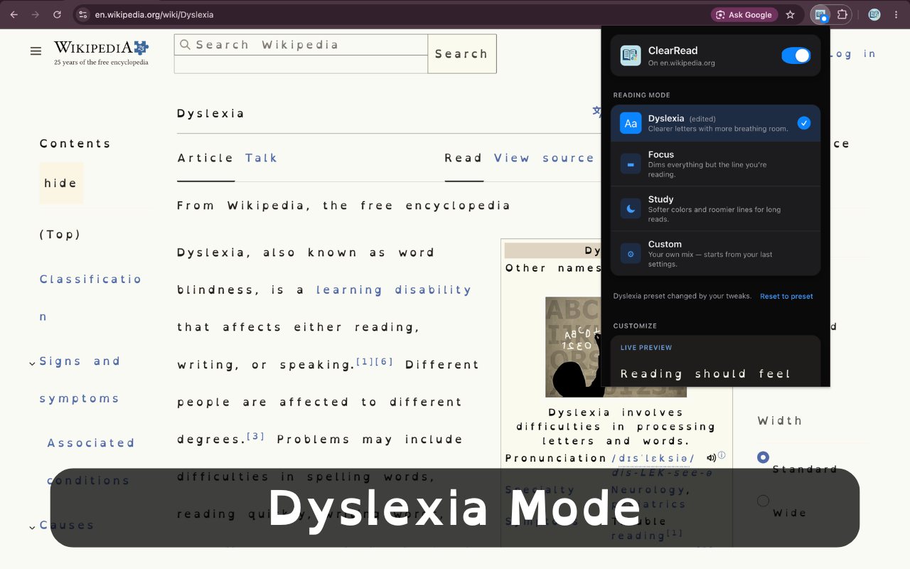 Dyslexia Mode: ClearRead applying wider letter spacing and roomier lines, with the reading-mode picker open