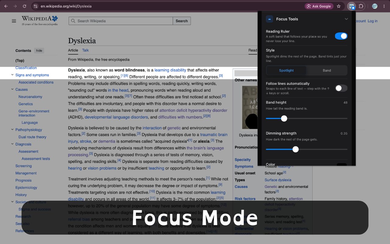 Focus Mode: ClearRead's Focus Tools panel with the Reading Ruler switched on, dimming the page around the line being read