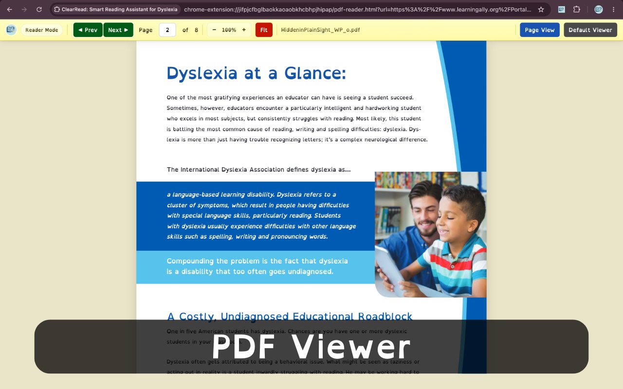 PDF Viewer: ClearRead's PDF reader displaying a dyslexia information PDF with its own reading toolbar