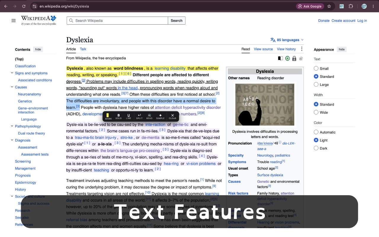Text Features: ClearRead highlighting, bolding and splitting words on a Wikipedia article, with the floating toolbar open